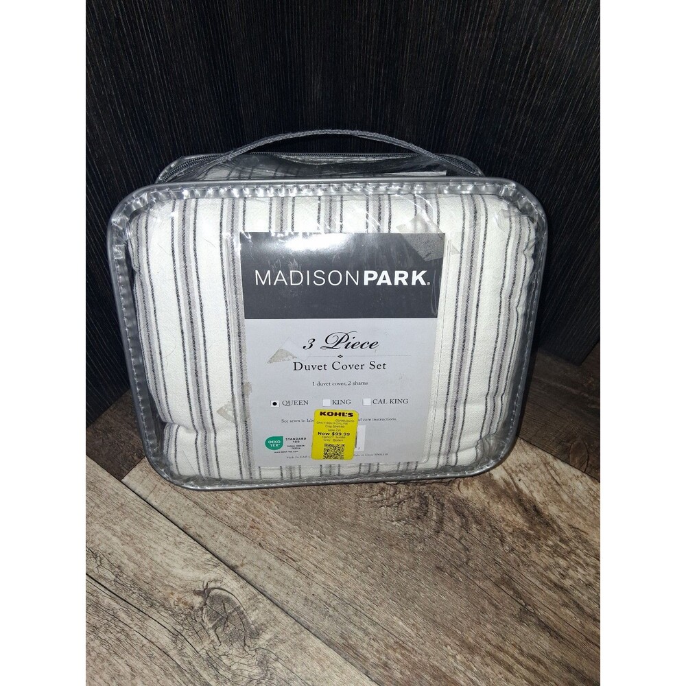 Madison Park Cora 3-Pc Cotton Blend Gray/Grey Stripes Duvet Cover Set, Queen - Picture 6 of 7